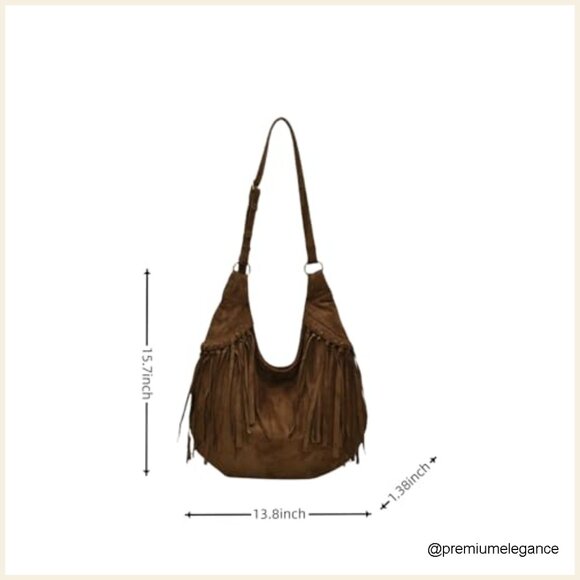 Vintage Suede Fringe Hobo Bag Crossbody Tote Adjustable Strap Large Capacity - Picture 5 of 7
